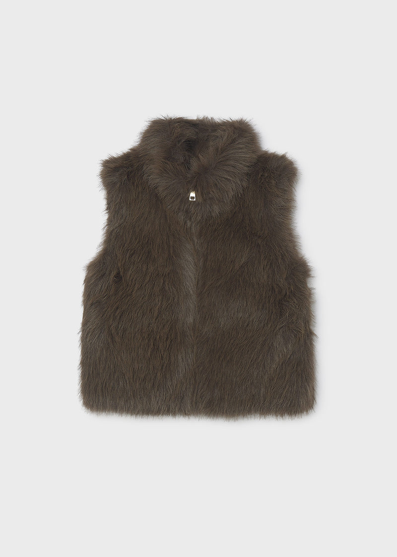 Mayoral faux fur gilet – gold zip-pull neckline detail close-up showing plush faux fur texture