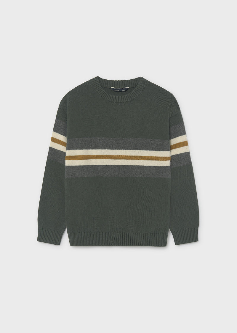 Mayoral Nukutavake stripe crew neck knit jumper – neckline and stripe detail close-up showing Nukutavake label