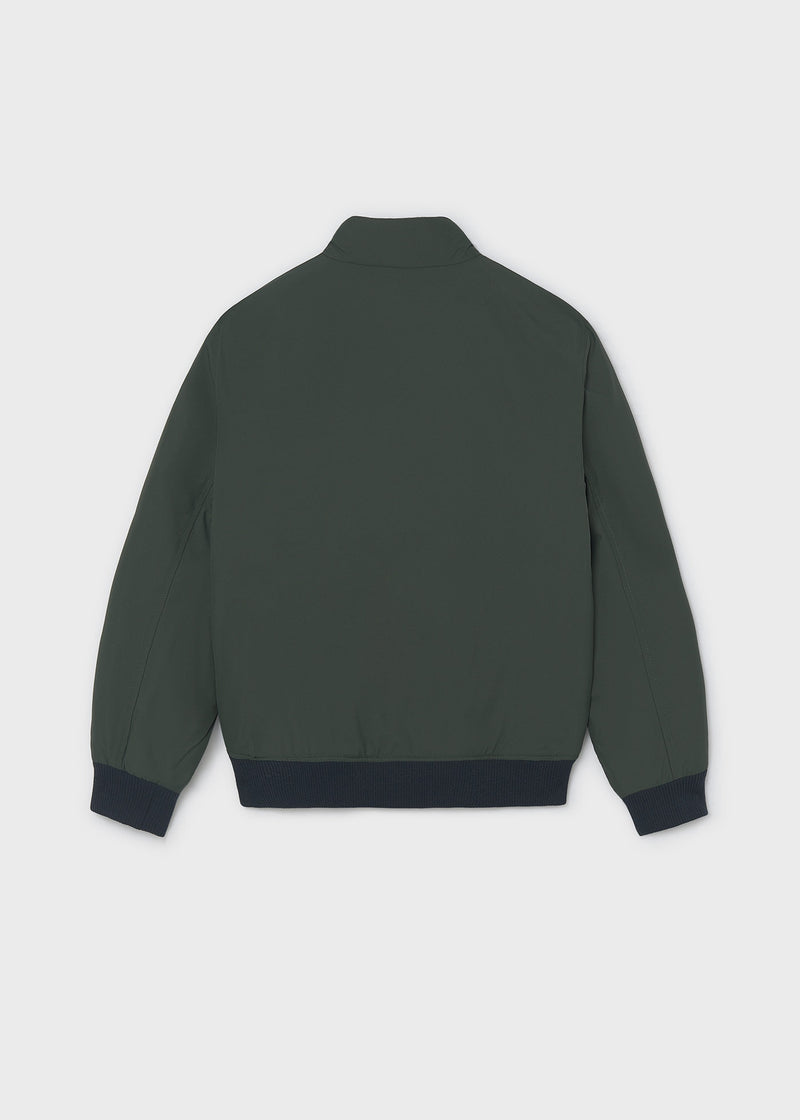 Mayoral Nukutavake forest green bomber jacket – back flat lay showing contrast navy ribbed hem and cuffs