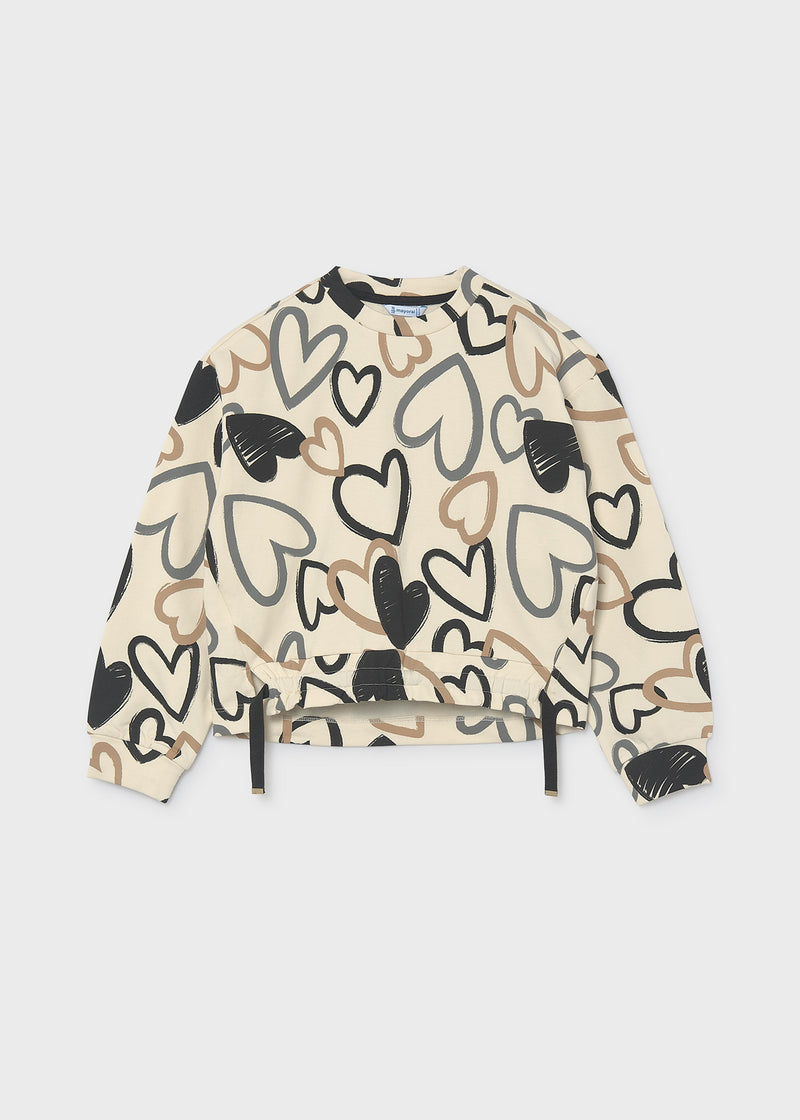 Mayoral all-over heart print sweatshirt – crew neck and print detail close-up showing Mayoral label