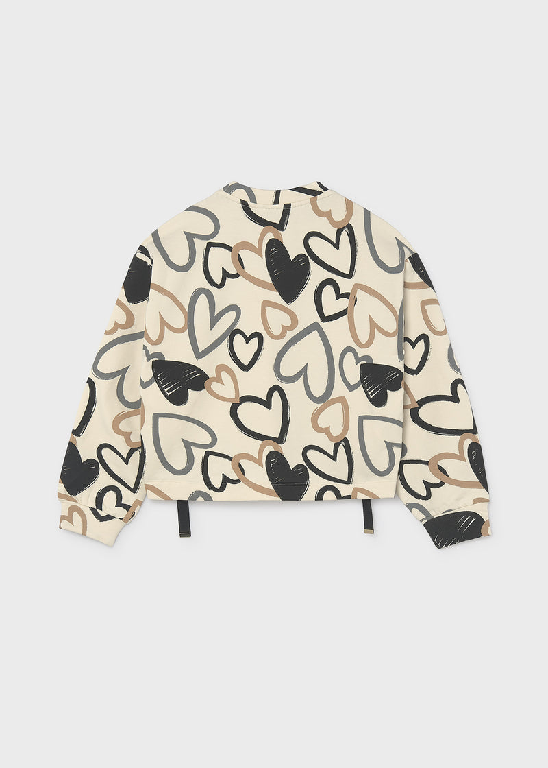 Mayoral all-over heart print sweatshirt – back flat lay showing full heart print and toggle tabs at hem
