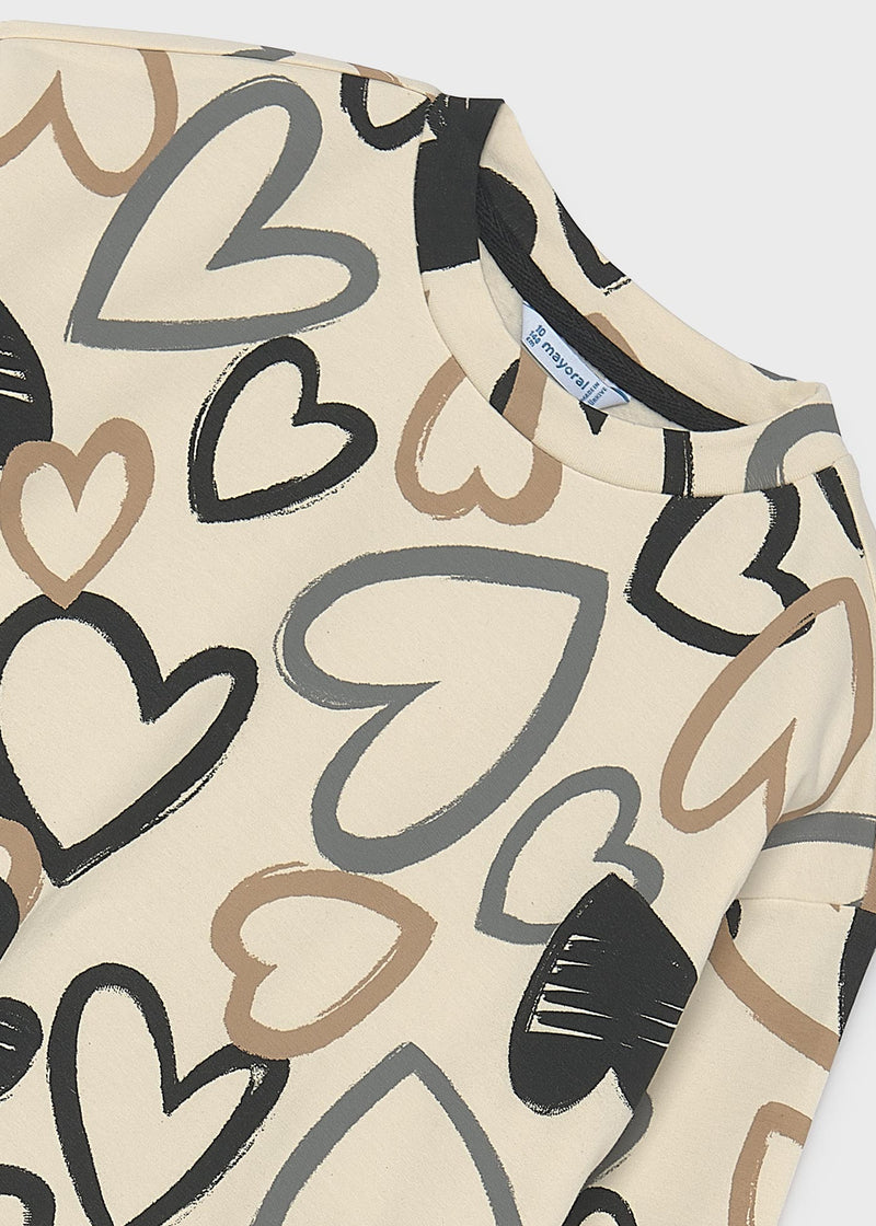 Mayoral all-over heart print sweatshirt – front flat lay showing balloon sleeves and drawstring hem