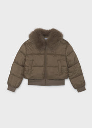 Mayoral khaki puffer jacket – welt pocket and ribbed hem detail close-up showing quilted panel construction