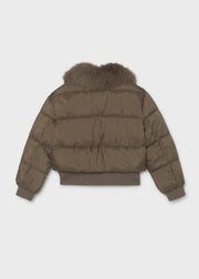 Mayoral girls faux fur collar cropped puffer jacket – back flat lay showing faux fur collar and quilted panels