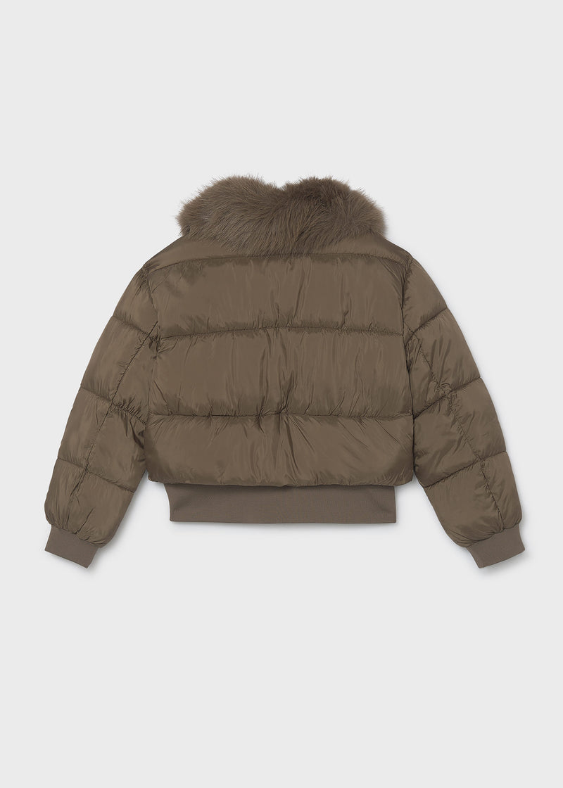 Mayoral girls faux fur collar cropped puffer jacket – back flat lay showing faux fur collar and quilted panels