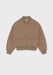Mayoral girls camel bomber jacket – gold zip and Mayoral-branded snap pocket detail close-up showing label