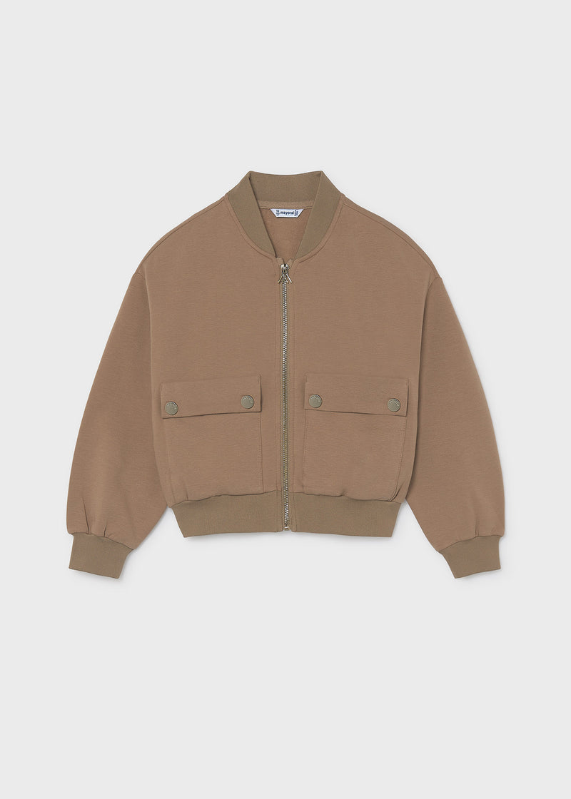 Mayoral girls camel bomber jacket – gold zip and Mayoral-branded snap pocket detail close-up showing label