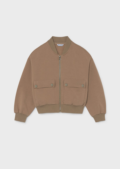 Mayoral girls camel bomber jacket – gold zip and Mayoral-branded snap pocket detail close-up showing label