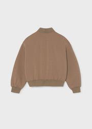 Mayoral girls camel bomber jacket – back flat lay showing ribbed stand collar, cuffs and hem band