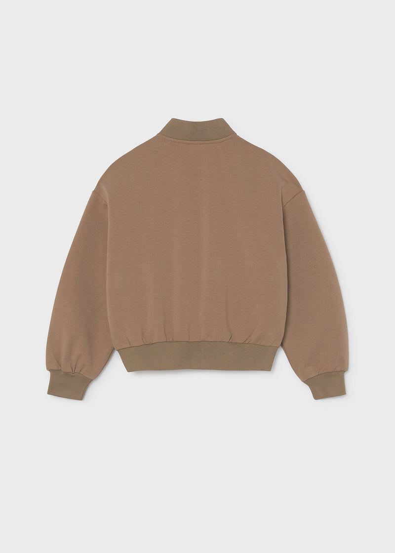 Mayoral girls camel bomber jacket – back flat lay showing ribbed stand collar, cuffs and hem band
