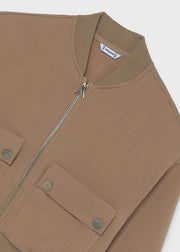 Mayoral girls camel bomber jacket – front flat lay showing full gold zip and two flap pockets