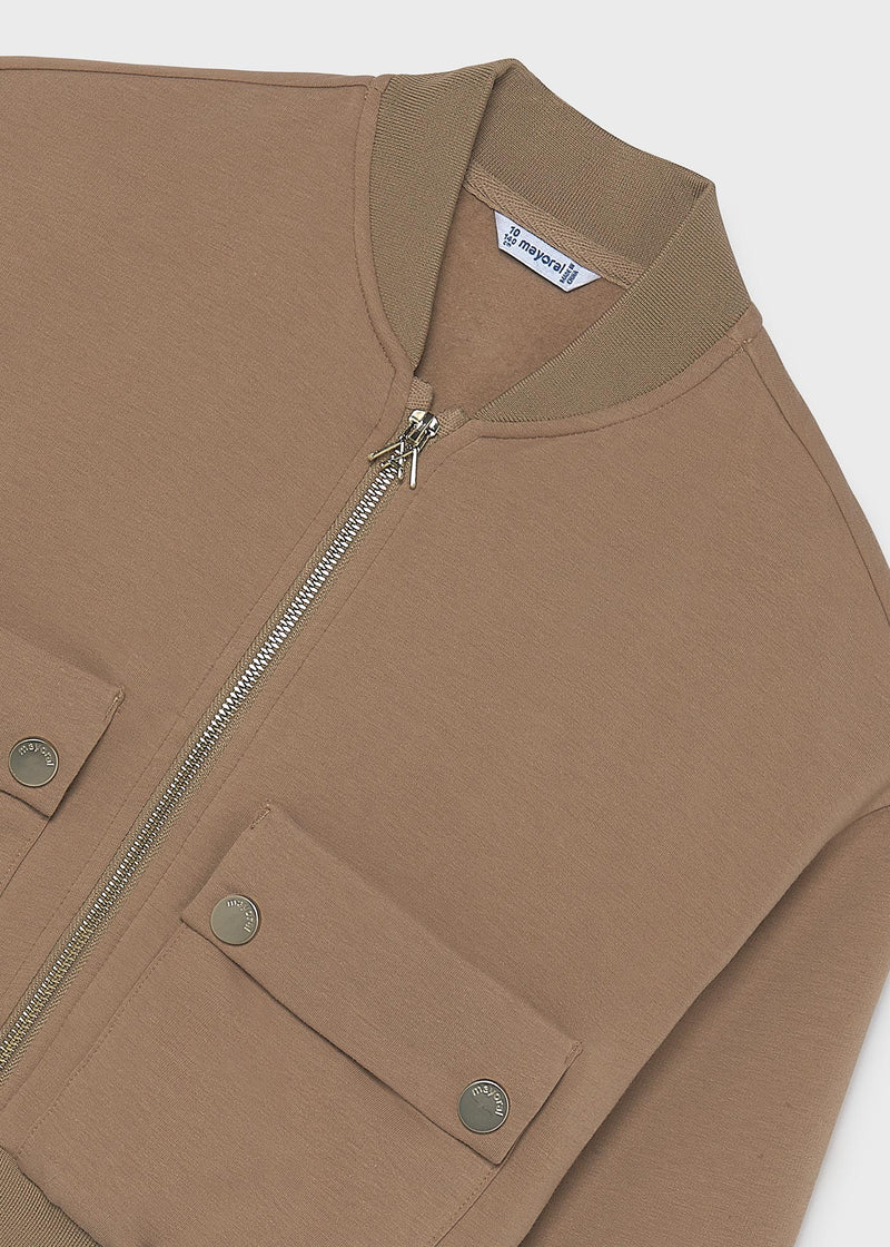 Mayoral girls camel bomber jacket – front flat lay showing full gold zip and two flap pockets
