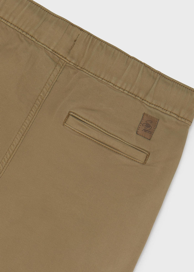 Mayoral boys khaki chino trousers – front flat lay showing elasticated drawstring waistband and zip pockets