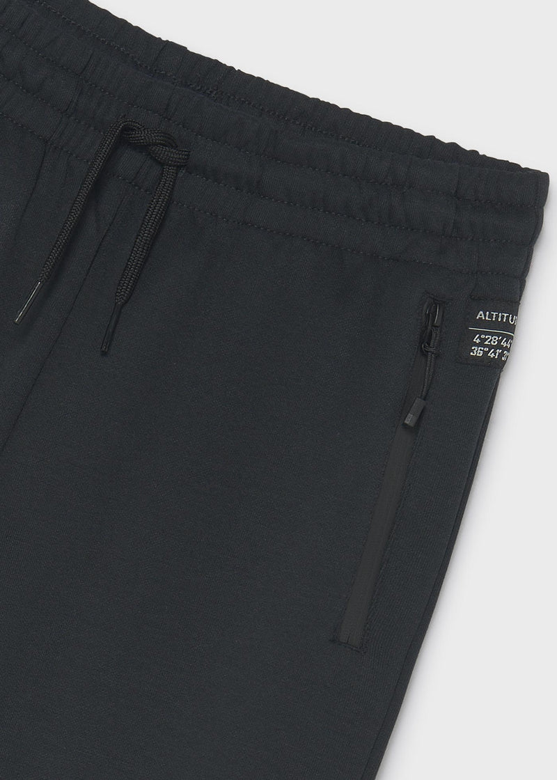 Mayoral Nukutavake black camo side panel joggers – front flat lay showing tonal camo graphic panel and zip pockets