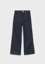 Mayoral navy pinstripe wide-leg trousers – double row gunmetal snap button and Mayoral label detail close-up