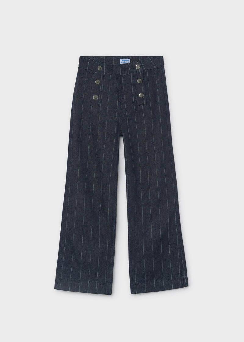 Mayoral navy pinstripe wide-leg trousers – double row gunmetal snap button and Mayoral label detail close-up