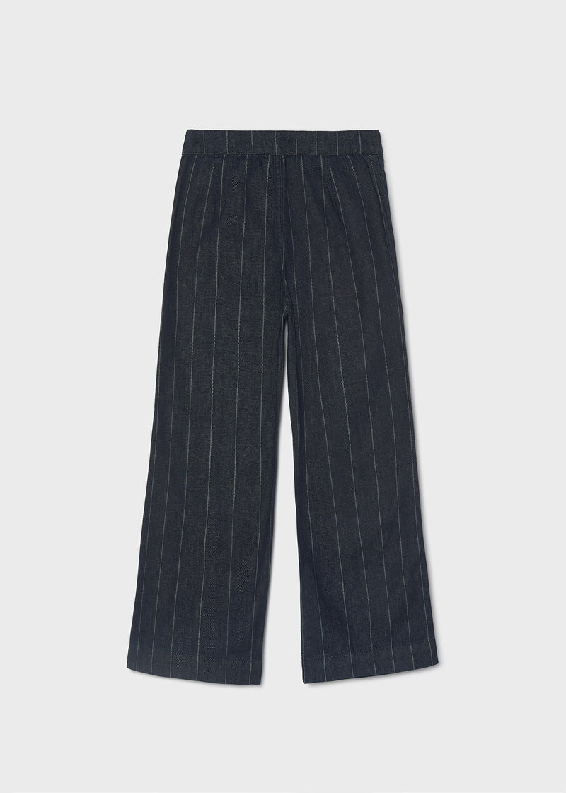 Mayoral navy pinstripe wide-leg trousers – back flat lay showing elasticated waistband and wide-leg silhouette