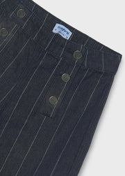 Mayoral navy pinstripe wide-leg trousers – front flat lay showing double snap button closure and pinstripe fabric