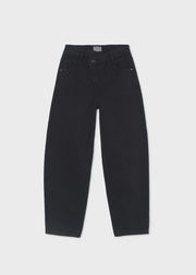 Mayoral black barrel-leg jeans – Mayoral heart logo badge, silver rivets and front pocket detail close-up