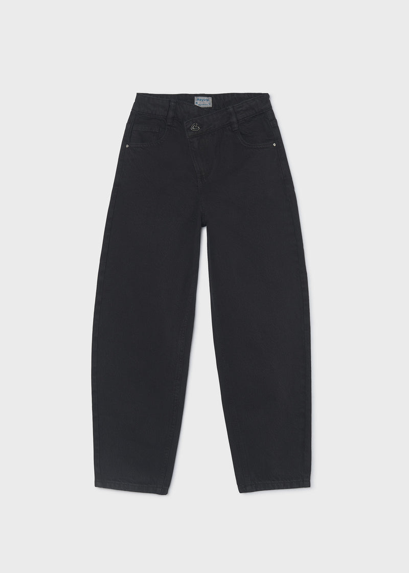 Mayoral black barrel-leg jeans – Mayoral heart logo badge, silver rivets and front pocket detail close-up