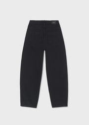 Mayoral black barrel-leg jeans – back flat lay showing Mia Jean woven label patch and curved barrel silhouette