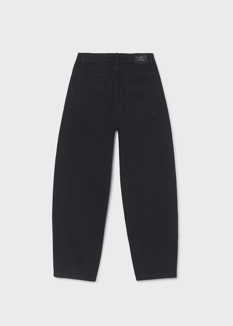 Mayoral black barrel-leg jeans – back flat lay showing Mia Jean woven label patch and curved barrel silhouette