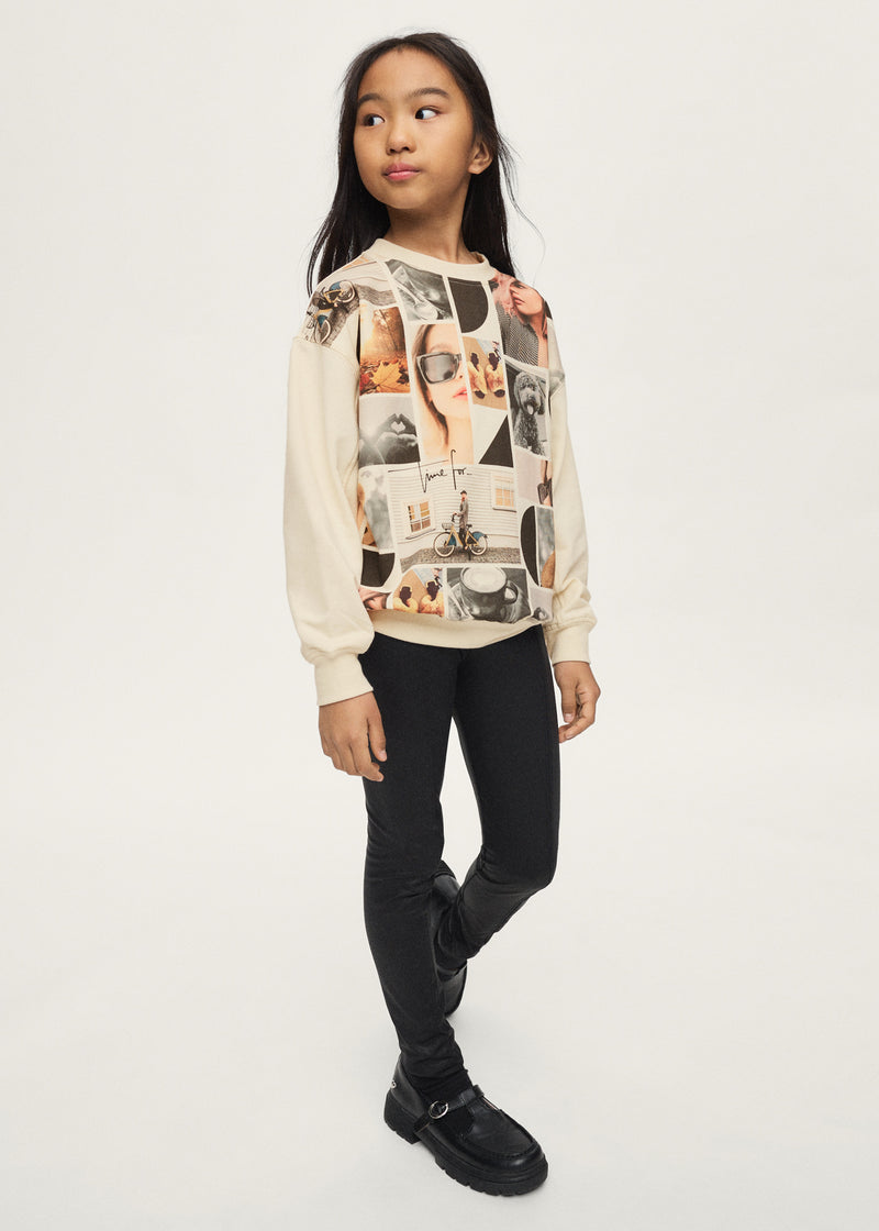 Girl wearing Mayoral photo collage sweatshirt with black coated leggings and chunky loafers – on model full body side view