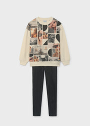 Mayoral photo collage sweatshirt and coated leggings – flat lay detail close-up showing Mayoral label and collage print