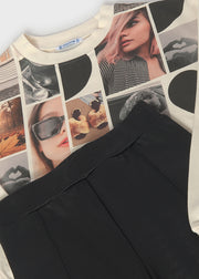 Mayoral girls Time For photo collage sweatshirt and black coated leggings set – front flat lay showing full set together