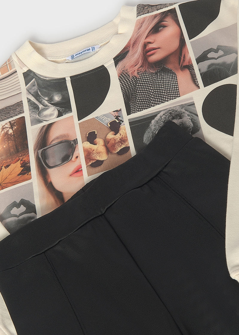 Mayoral girls Time For photo collage sweatshirt and black coated leggings set – front flat lay showing full set together