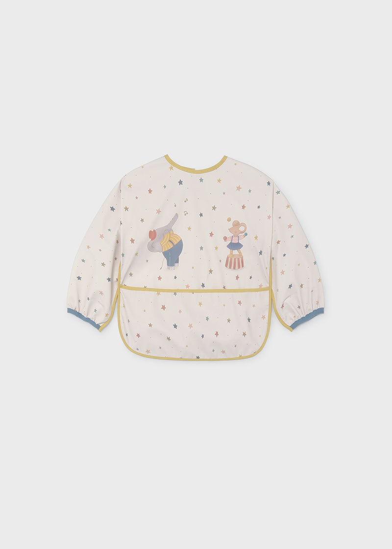Mayoral baby circus star smock bib – close-up of elephant and juggling mouse circus appliqué characters with star print detail