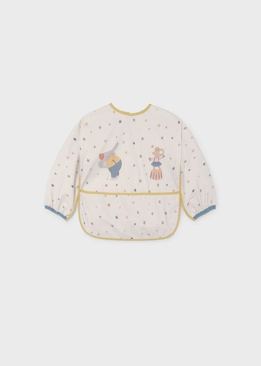 Mayoral baby circus star smock bib – close-up of elephant and juggling mouse circus appliqué characters with star print detail