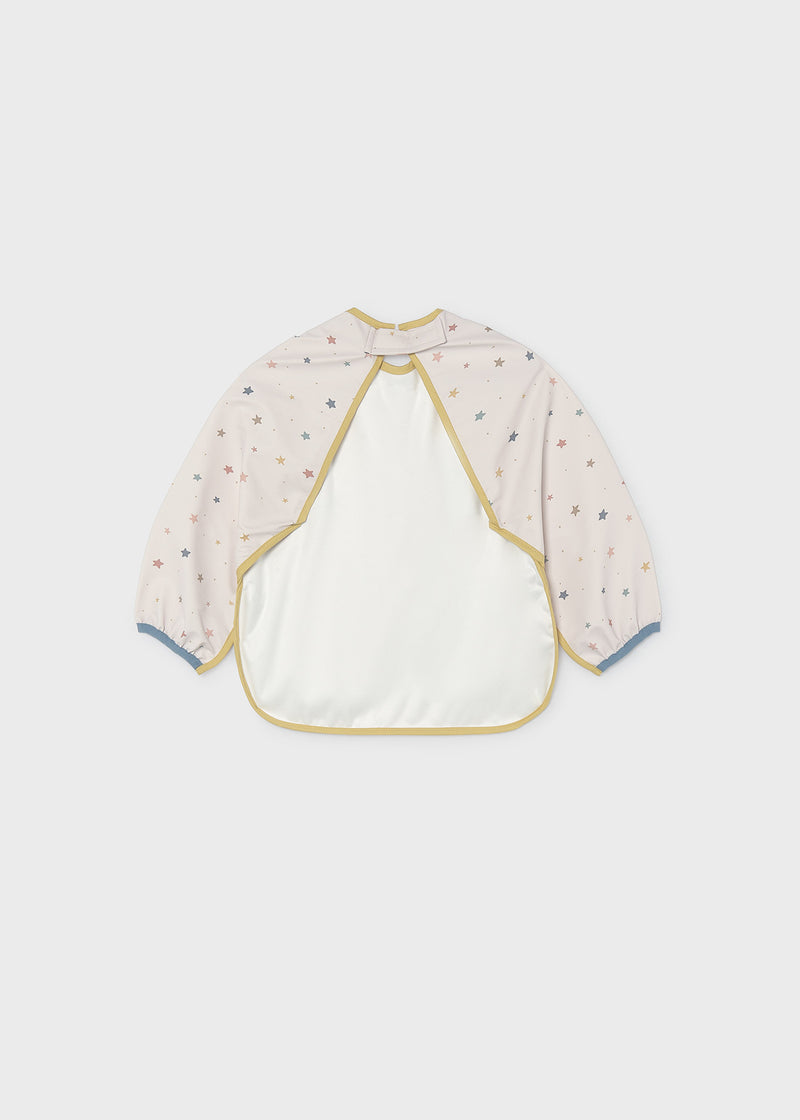 Mayoral baby circus star long-sleeve smock bib – back view showing button neck fastening and star print sleeves