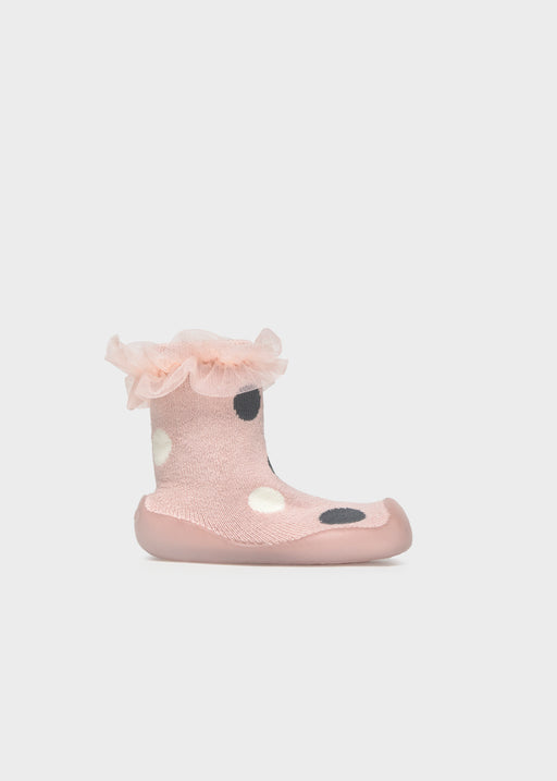 Mayoral baby girl polka dot sock shoes – single shoe side view showing tulle ruffle frill, polka dot knit upper and moulded rubber sole