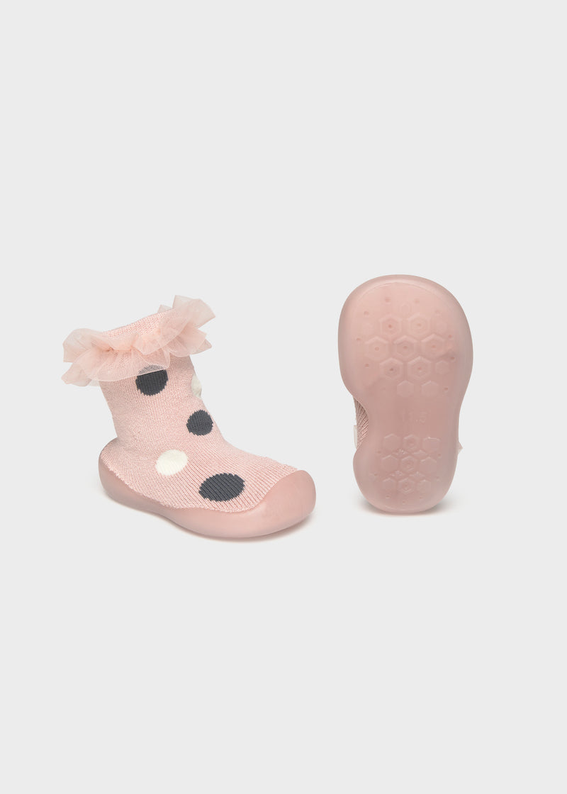Mayoral baby girl polka dot tulle frill sock shoes – pair view showing both shoes from above with tulle ruffle frill detail