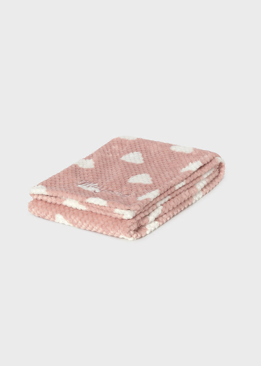 Mayoral baby cloud print fleece blanket – folded view showing blush pink waffle fleece with cream cloud print and embroidered Mayoral script logo