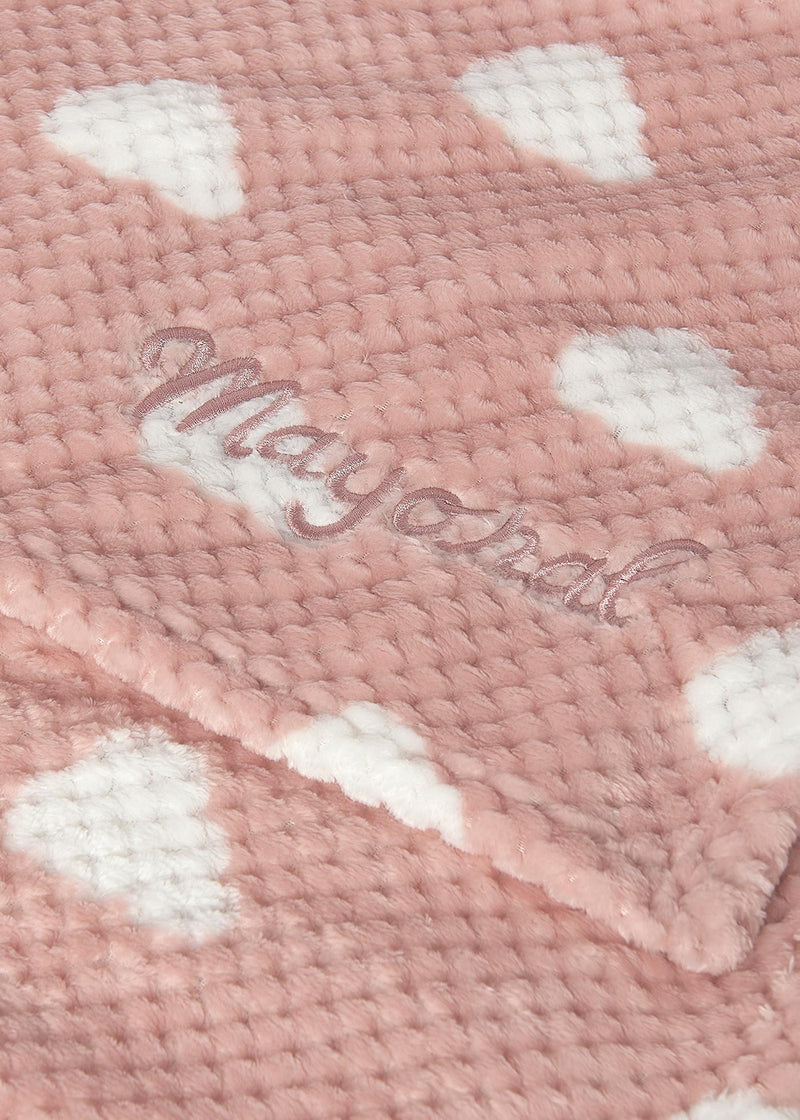 Mayoral baby cloud print fleece blanket – flat lay showing full blanket with all-over cream cloud print on blush pink and cream reverse corner fold