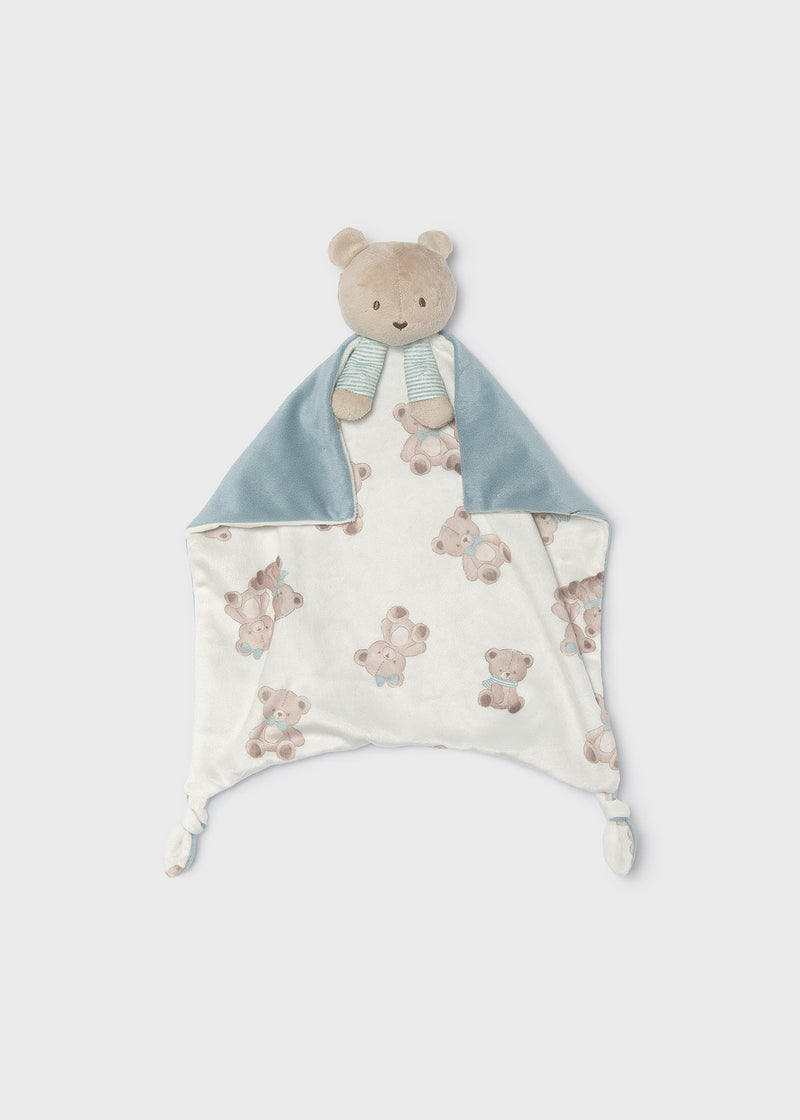 Mayoral baby teddy bear comforter doudou – full view showing plush bear head with blue stripe arms, cream teddy print blanket, dusty blue velvet panel and knotted corners