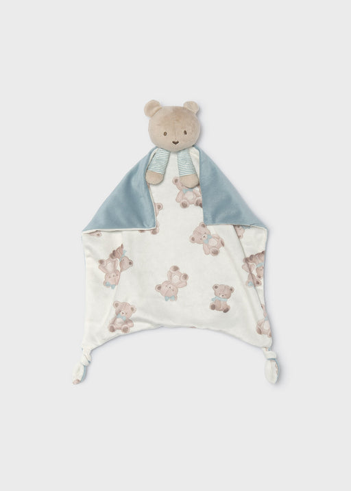 Mayoral baby teddy bear comforter doudou – full view showing plush bear head with blue stripe arms, cream teddy print blanket, dusty blue velvet panel and knotted corners