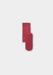 Mayoral girls raspberry ribbed tights – close-up of fine wide-rib knit texture and scalloped foot hem detail