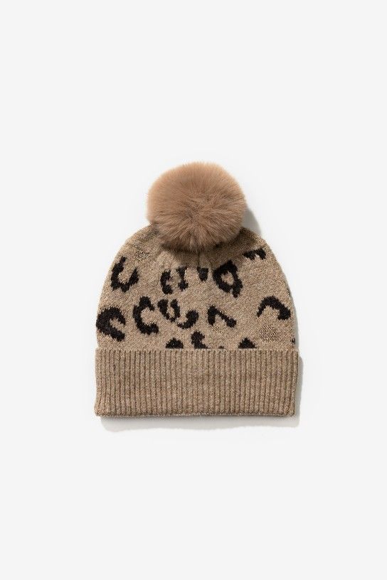 Tiffosi Giselle Animal Print Pom Pom Beanie | Caramel 10068459