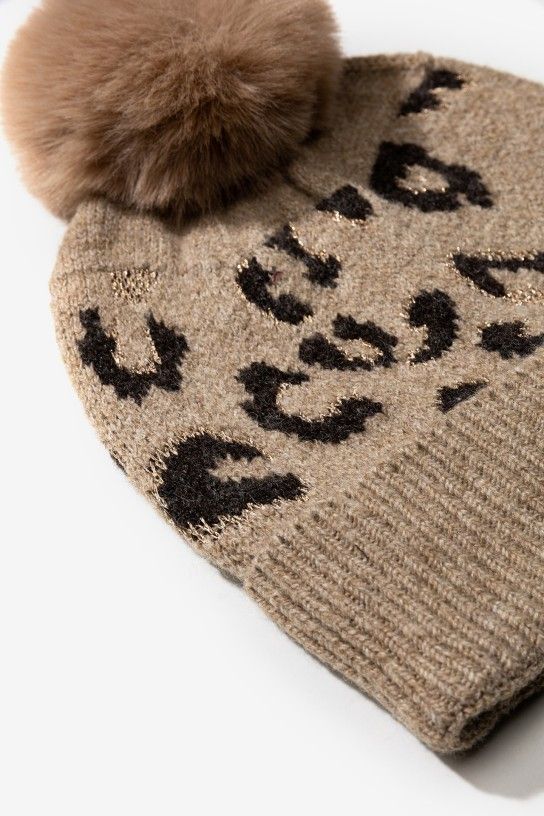 Tiffosi Giselle Animal Print Pom Pom Beanie | Caramel 10068459