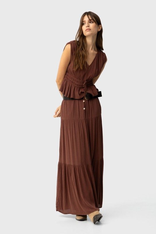 Tiffosi Camponesa Maxi Skirt Layered Gathers | Chocolate 10066364