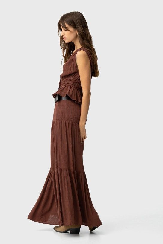 Tiffosi Camponesa Maxi Skirt Layered Gathers | Chocolate 10066364