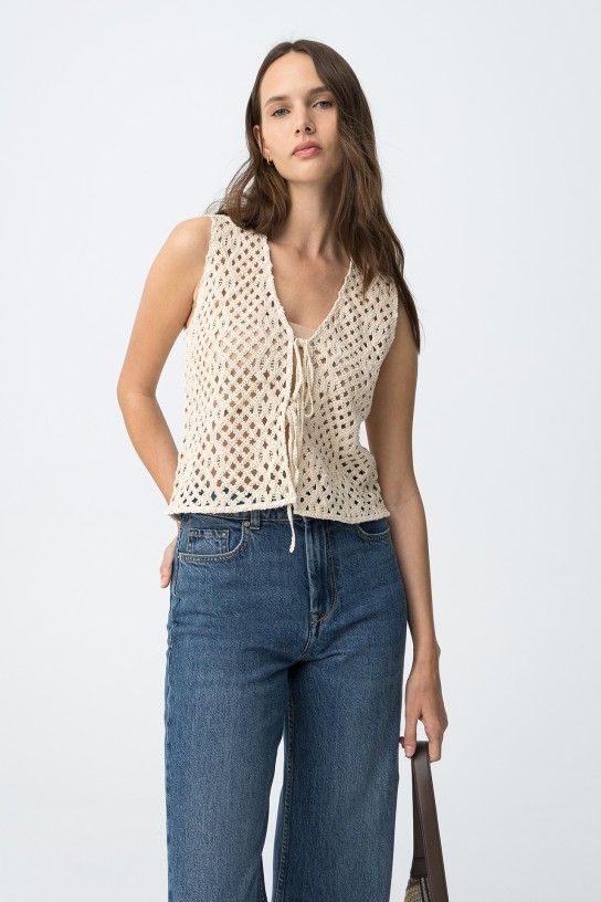 Tiffosi Emma Crochet Tie-Front Vest | Beige 10065285