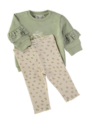 Babybol sage green sweatshirt and cream leggings set - detail view