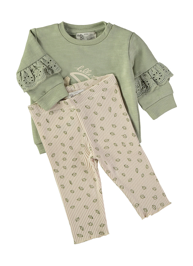 Babybol sage green sweatshirt and cream leggings set - detail view