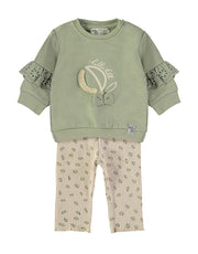 Babybol sage green sweatshirt and cream leggings set - front view