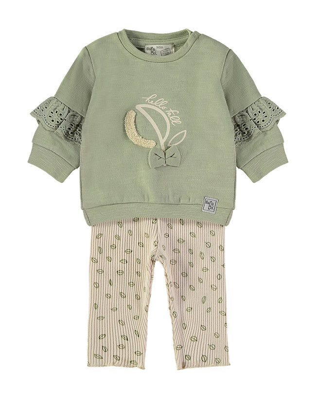 Babybol sage green sweatshirt and cream leggings set - front view