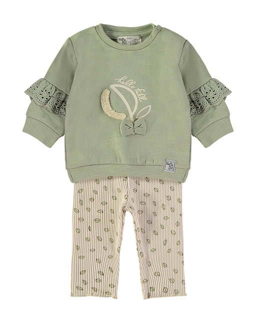 Babybol sage green sweatshirt and cream leggings set - front view